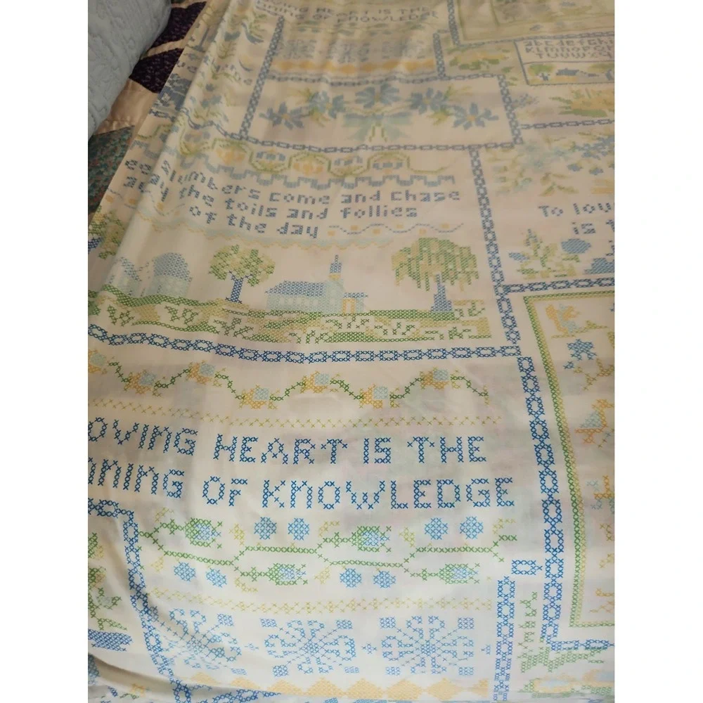 Vtg 70's Perma-Prest Full Flat Sheet Faux Cross Stitch Cottagecore Country
